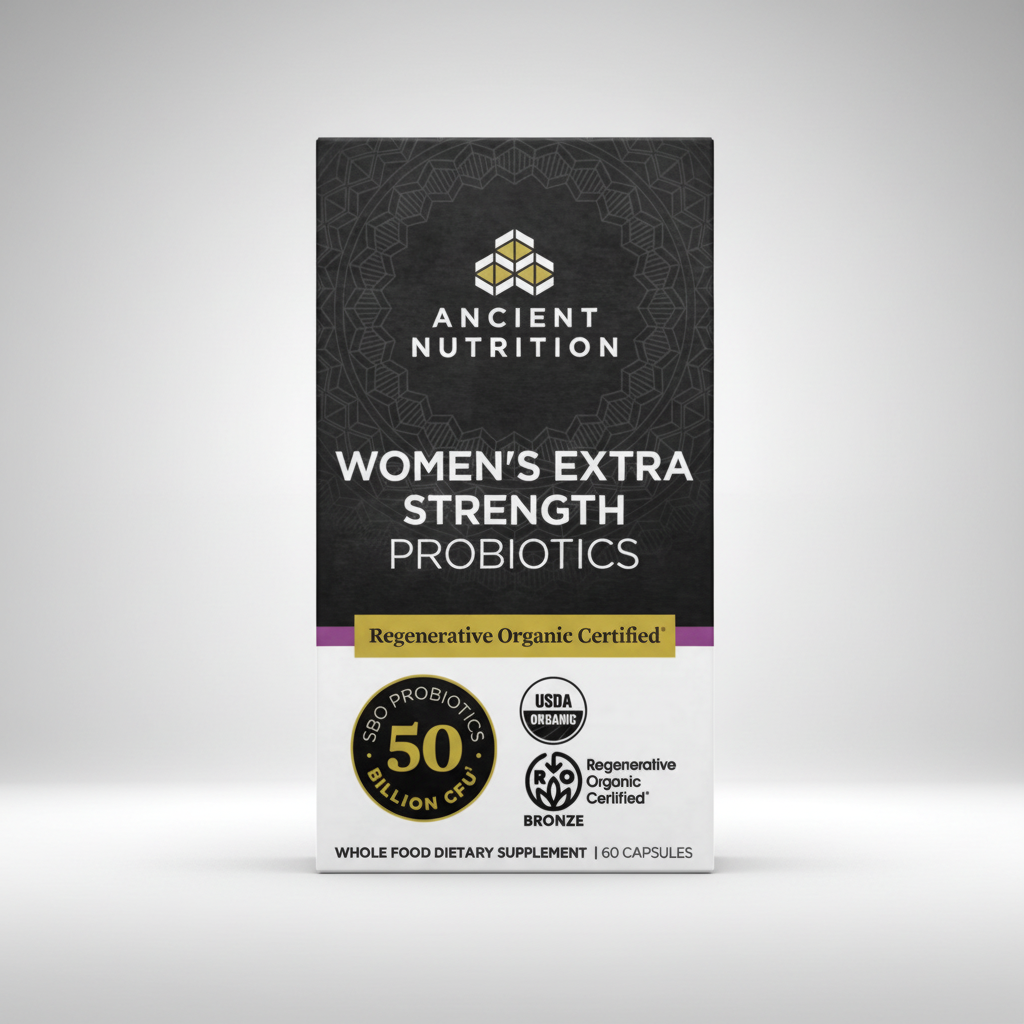 Box of Ancient Nutrition Women's Extra Strength Probiotics on a white background