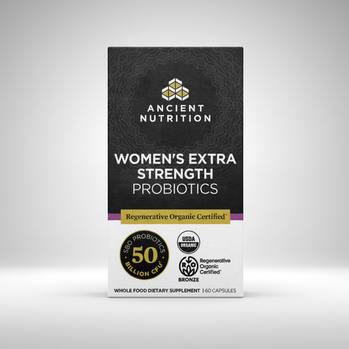 Box of Ancient Nutrition Women's Extra Strength Probiotics on a white background