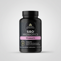 Black supplement bottle labeled 'SBO Probiotics Women's' by Ancient Nutrition on a white background.