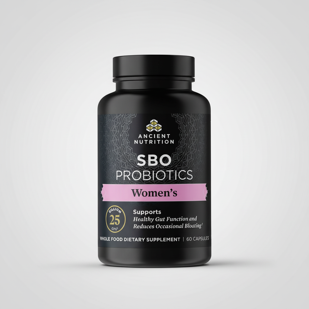 Black supplement bottle labeled 'SBO Probiotics Women's' by Ancient Nutrition on a white background.