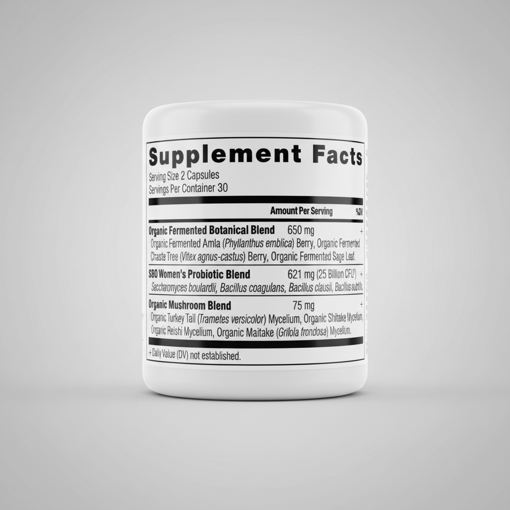 Supplement facts label for a botanical blend, probiotic blend, and mushroom blend.