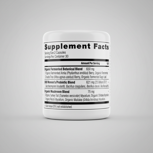 Supplement facts label for a botanical blend, probiotic blend, and mushroom blend.