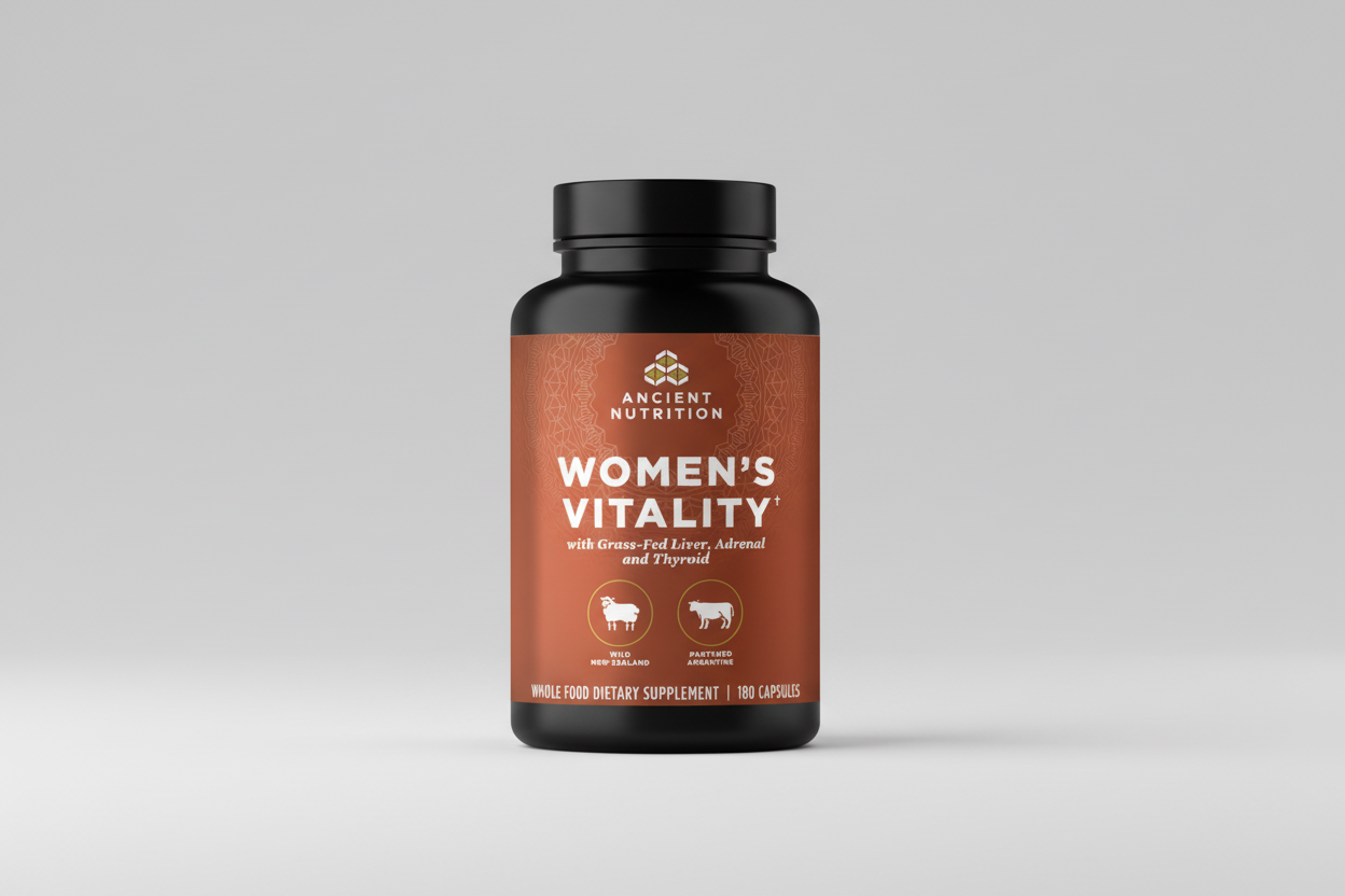 Supplement bottle labeled 'Women's Vitality' by Ancient Nutrition on a white background
