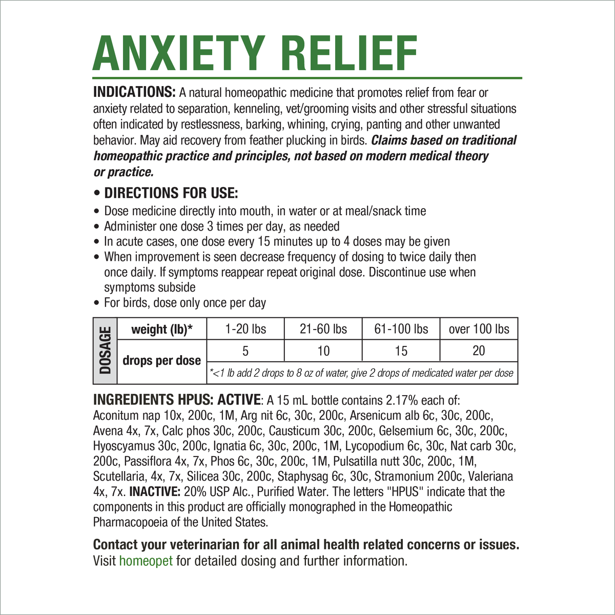 HomeoPet Anxiety Relief current manufacturer label, ingredients and directions