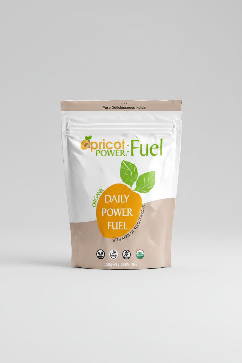 Package of Apricot Power Fuel with apricot illustration and text on a white background