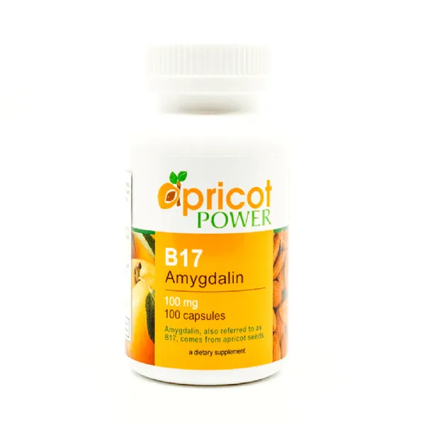 Supplement bottle labeled 'Apricot Power B17 Amygdalin' on a white background