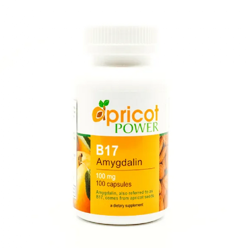 Supplement bottle labeled 'Apricot Power B17 Amygdalin' on a white background