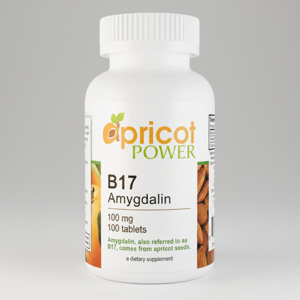 Bottle of Apricot Power B17 Amygdalin dietary supplement on a white background