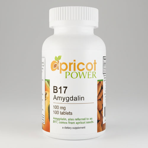 Bottle of Apricot Power B17 Amygdalin dietary supplement on a white background