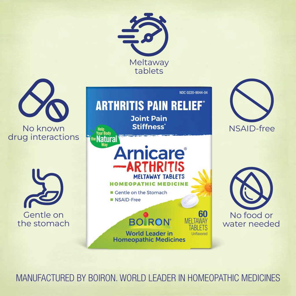 Box of Arnicare Arthritis Pain Relief tablets with Boiron branding on a light green background