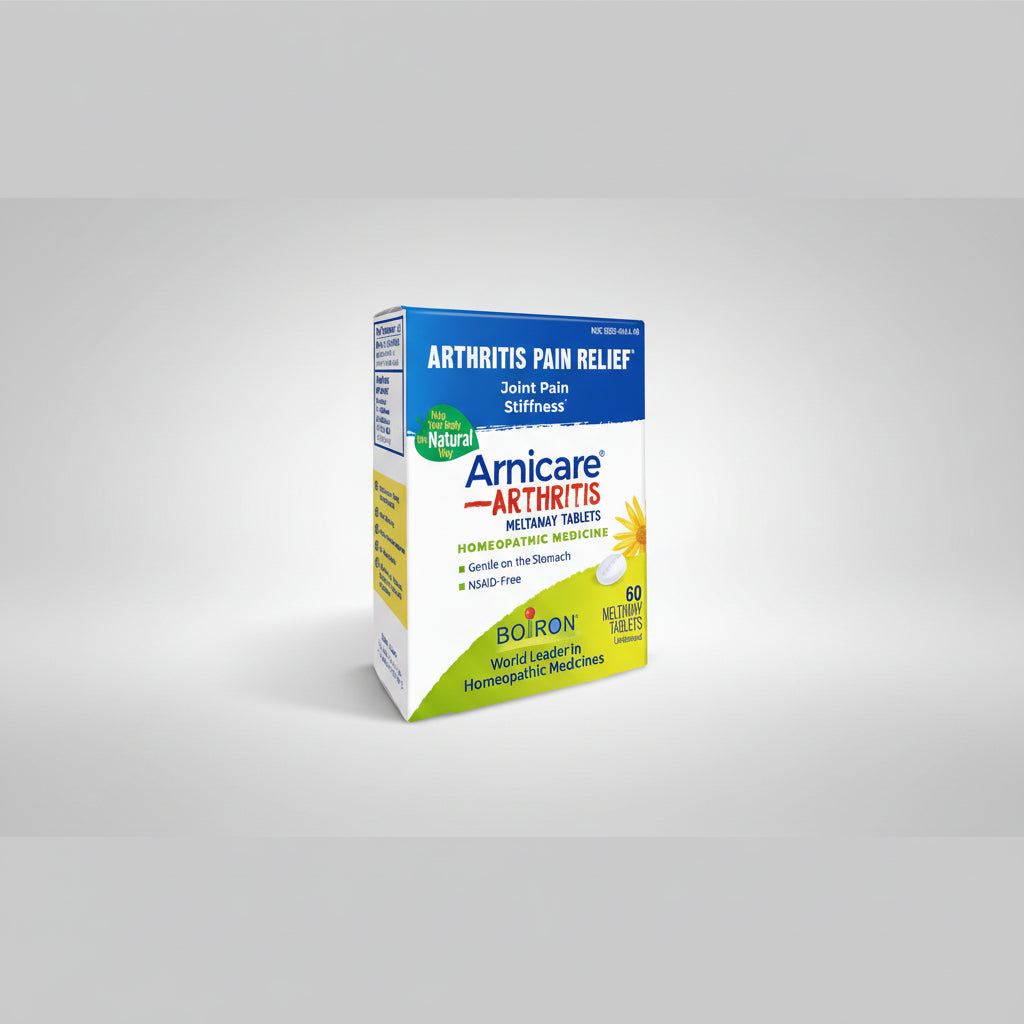 Box of Arnicare Arthritis Meltaway Tablets for arthritis pain relief on a white background