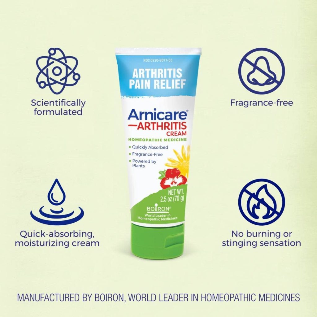 Armicare Arthritis Pain Relief cream tube with product features on a light green background