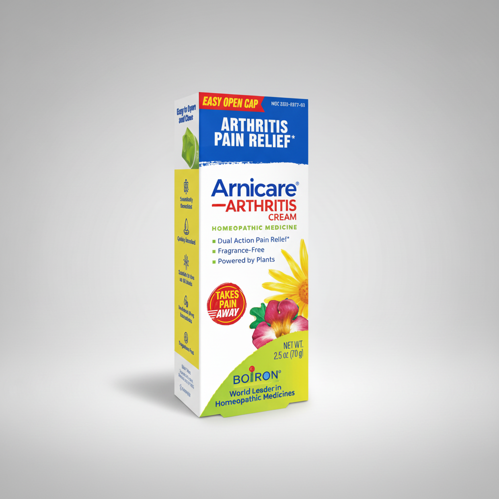 Box of Arnicare Arthritis Cream for pain relief on a white background