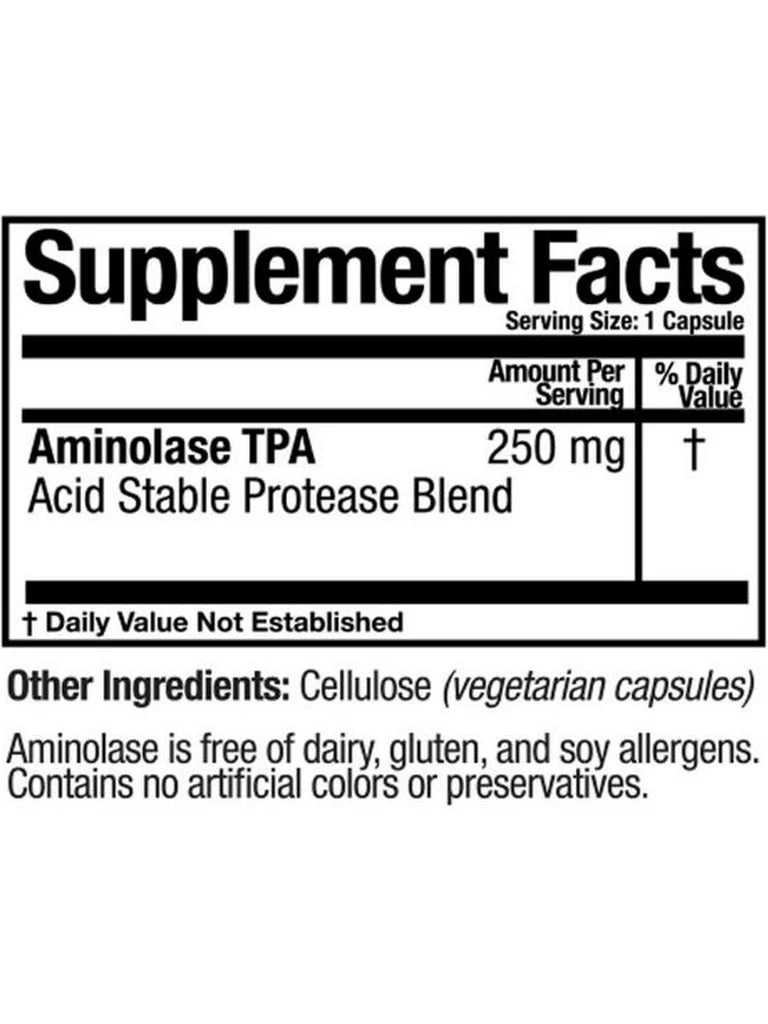 Supplement facts label for Aminolase TPA with serving size, amount per serving, and other ingredients listed.