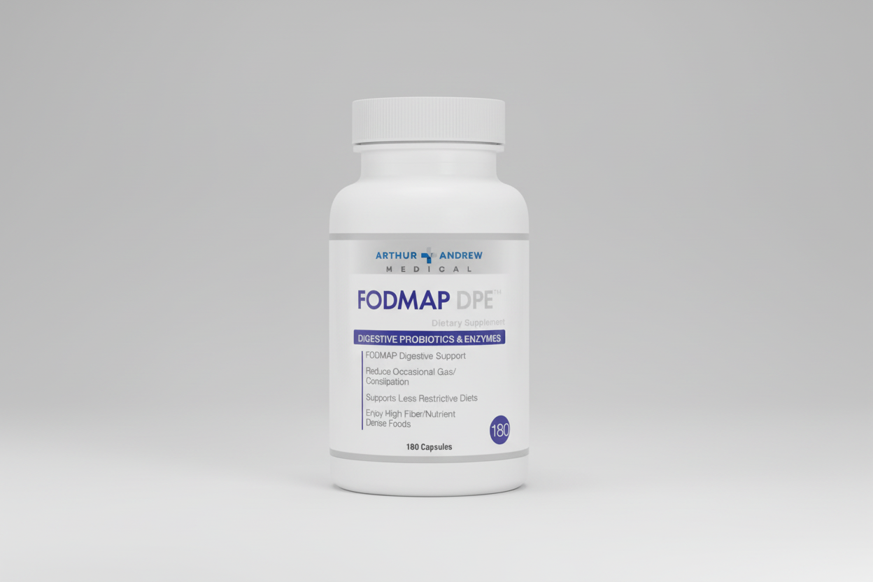 Arthur Andrew Medical FODMAP DPE dietary supplement bottle on a white background