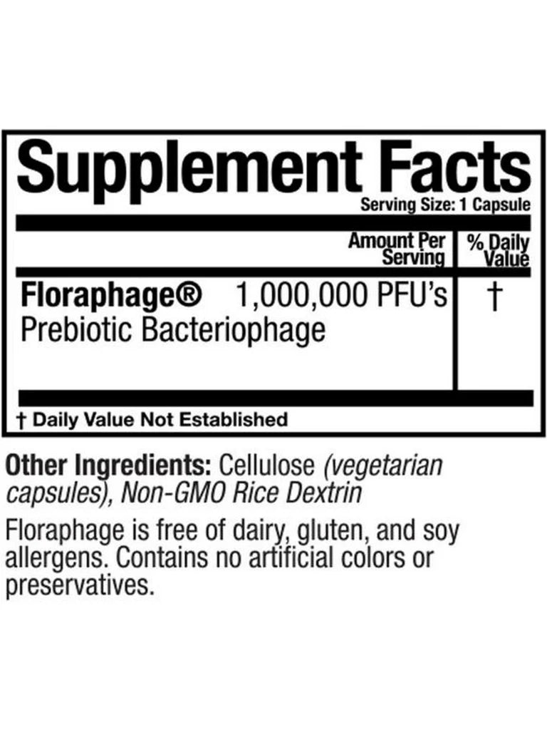 Supplement facts label for Floraphage with serving size, amount per serving, and other ingredients listed.