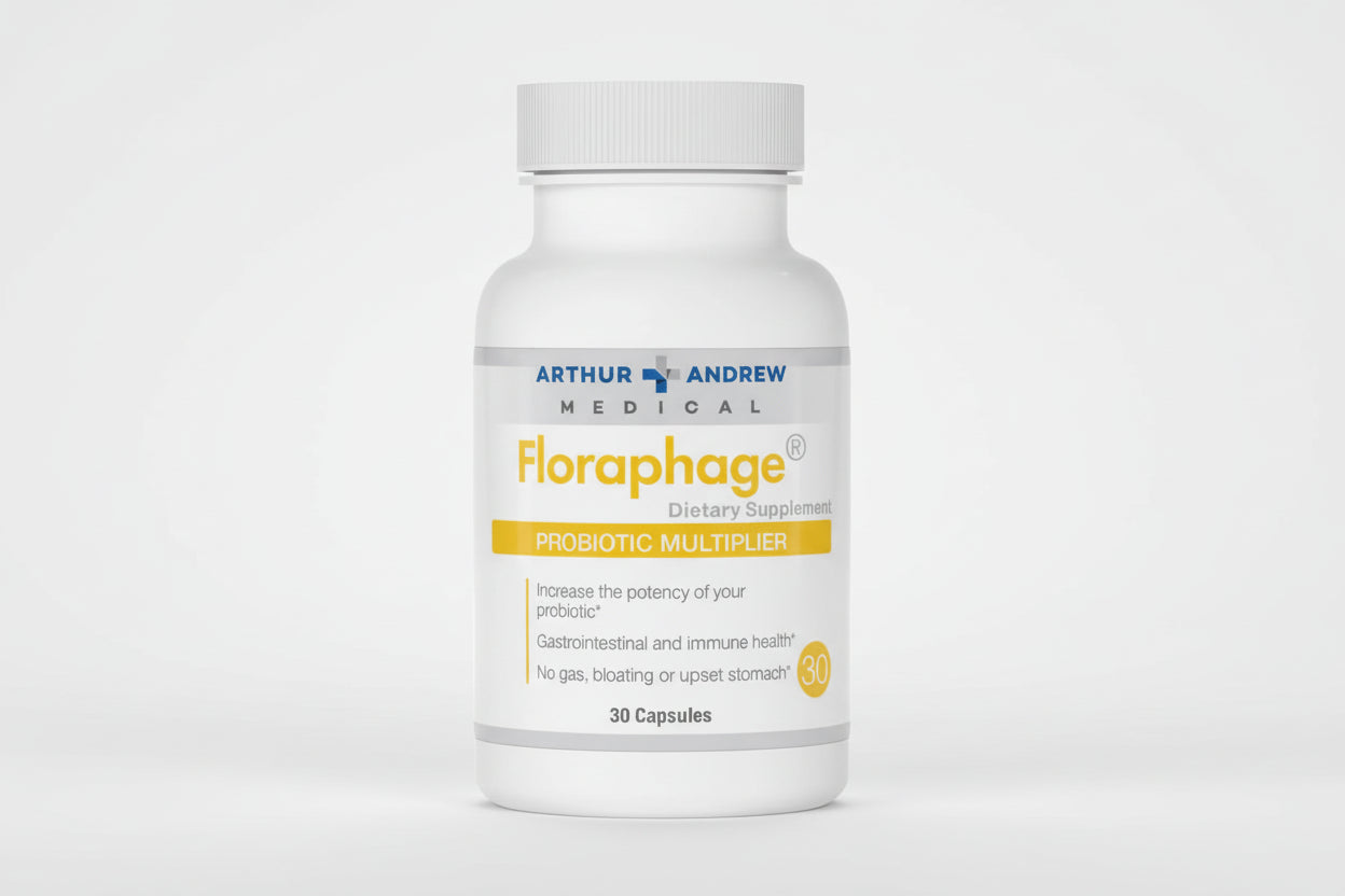 Arthur Andrew Medical Floraphage probiotic supplement bottle on a white background