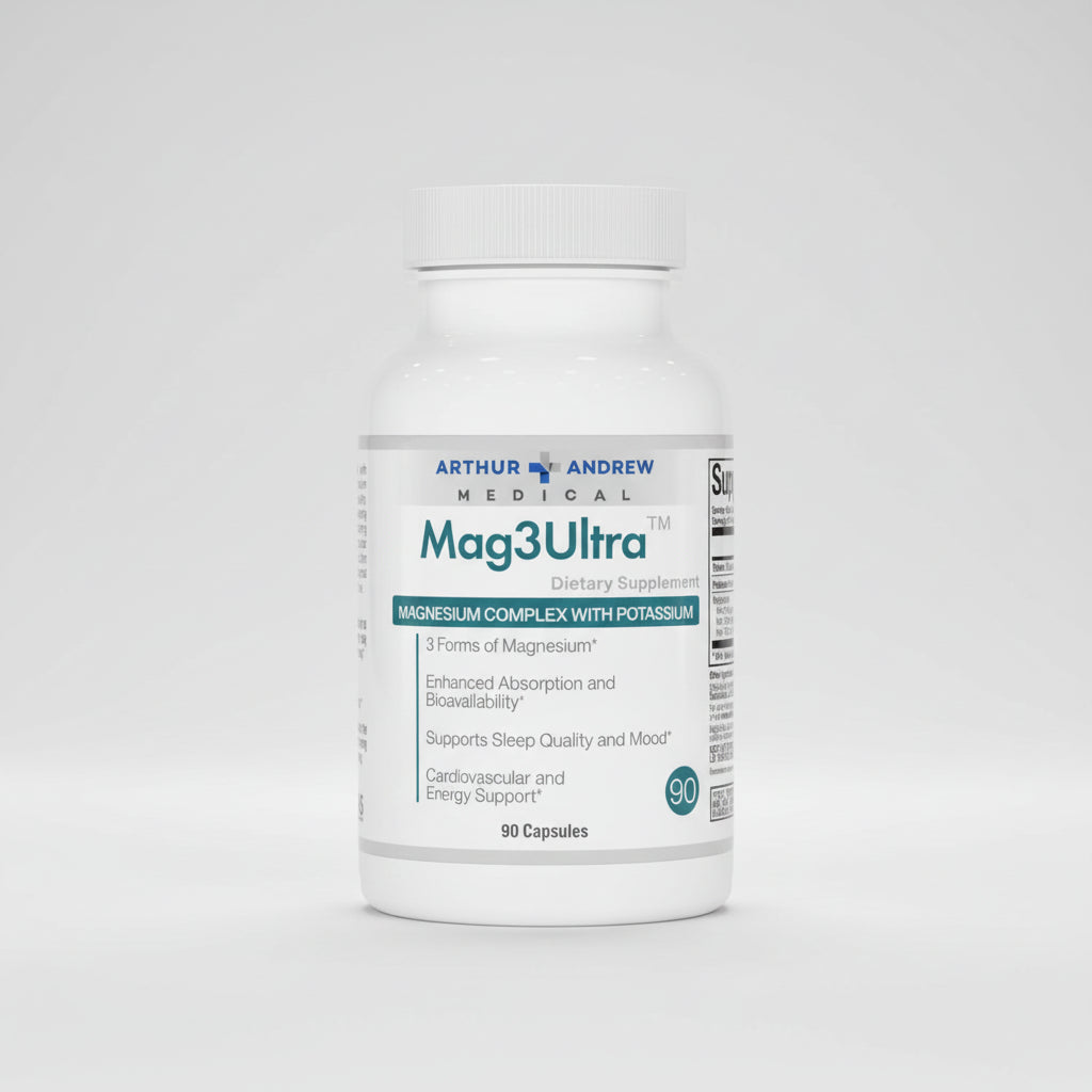 Supplement bottle labeled 'Mag3Ultra' by Arthur Andrew Medical on a white background