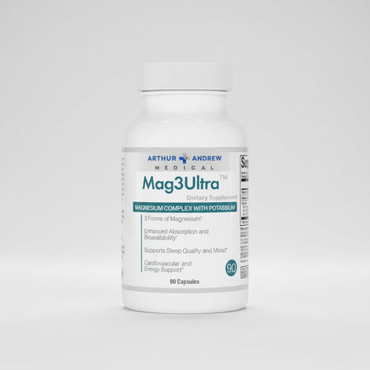 Supplement bottle labeled 'Mag3Ultra' by Arthur Andrew Medical on a white background
