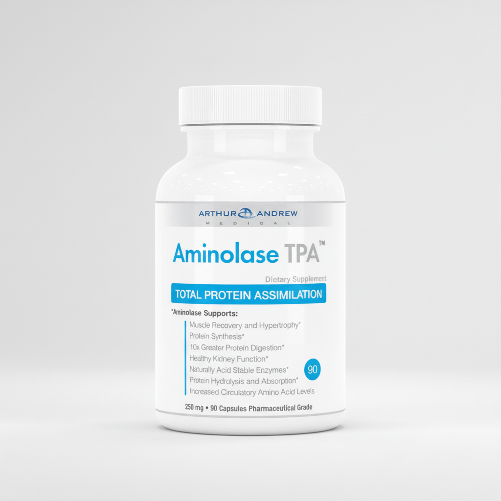 Supplement bottle labeled 'Aminolase TPA' by Arthur Andrew Medical on a white background