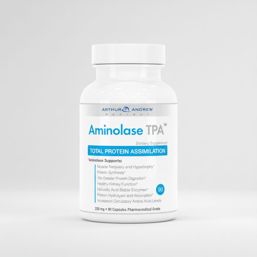 Supplement bottle labeled 'Aminolase TPA' by Arthur Andrew Medical on a white background