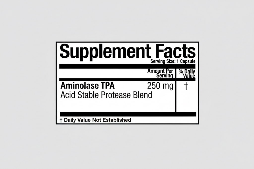 Supplement facts label for Aminolase TPA with serving size and amount per serving details.