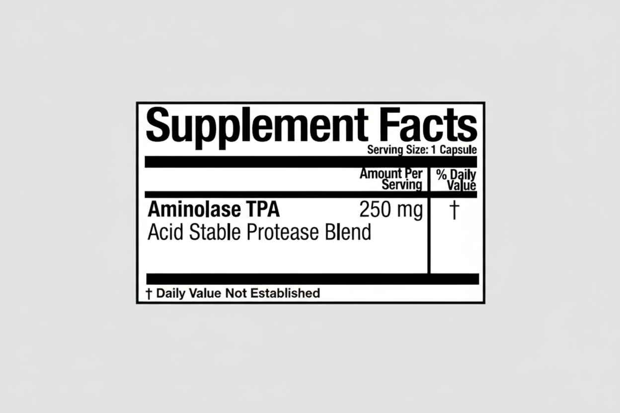 Supplement facts label for Aminolase TPA with serving size and amount per serving details.