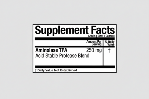 Supplement facts label for Aminolase TPA with serving size and amount per serving details.