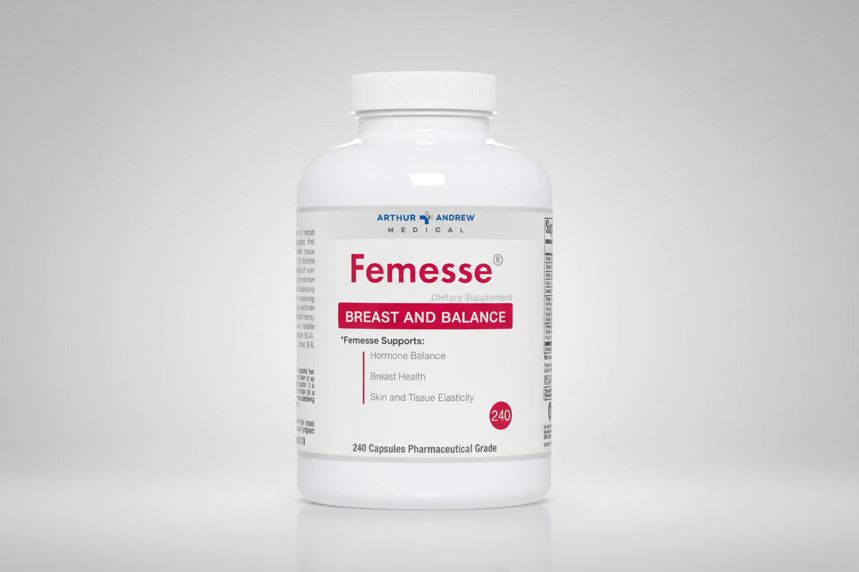 Supplement bottle labeled 'Femesse' by Arthur Andrew Medical on a white background