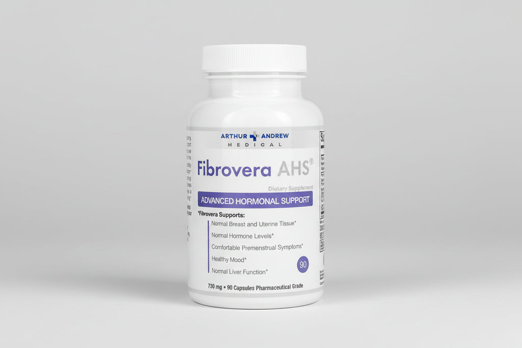Supplement bottle labeled 'Fibrovera AHS' by Arthur Andrew Medical on a white background