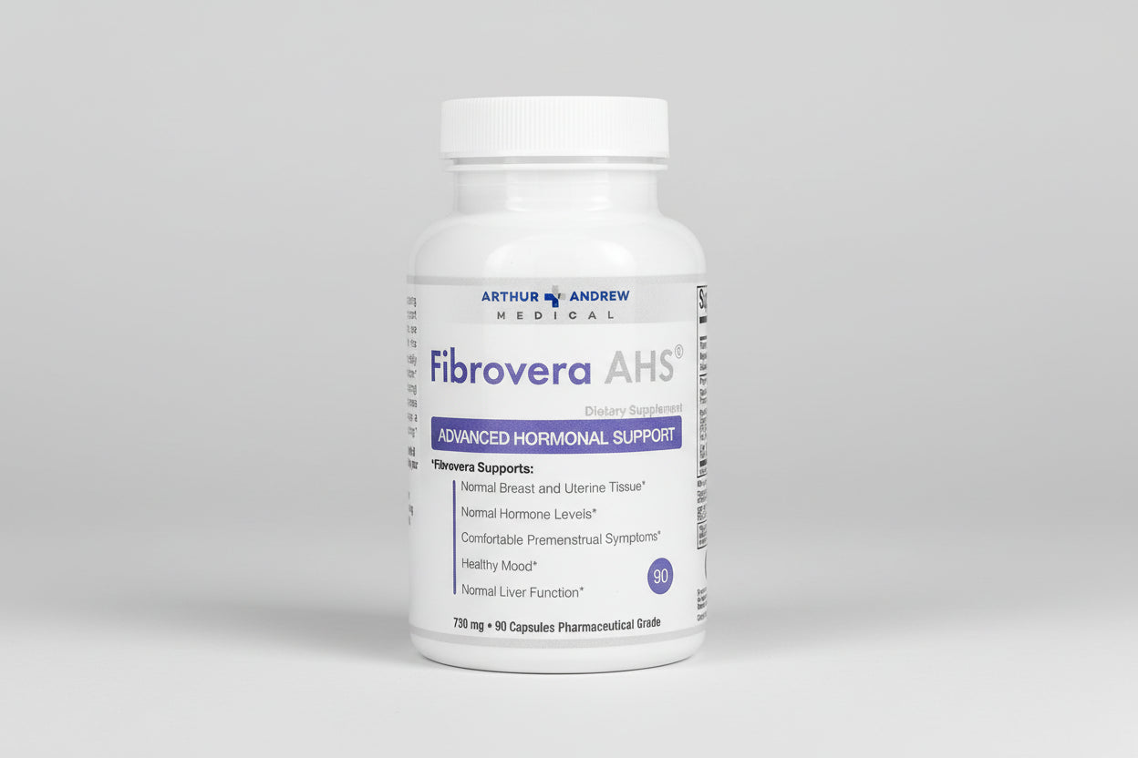 Supplement bottle labeled 'Fibrovera AHS' by Arthur Andrew Medical on a white background