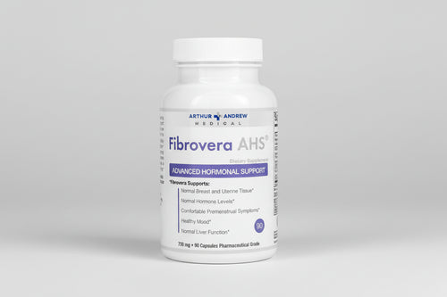Supplement bottle labeled 'Fibrovera AHS' by Arthur Andrew Medical on a white background