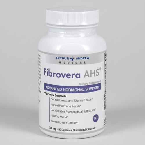 Supplement bottle labeled 'Fibrovera AHS' by Arthur Andrew Medical on a white background