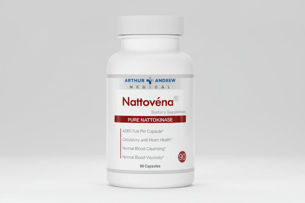 Supplement bottle labeled 'Nattovéna' by Arthur Andrew Medical on a white background