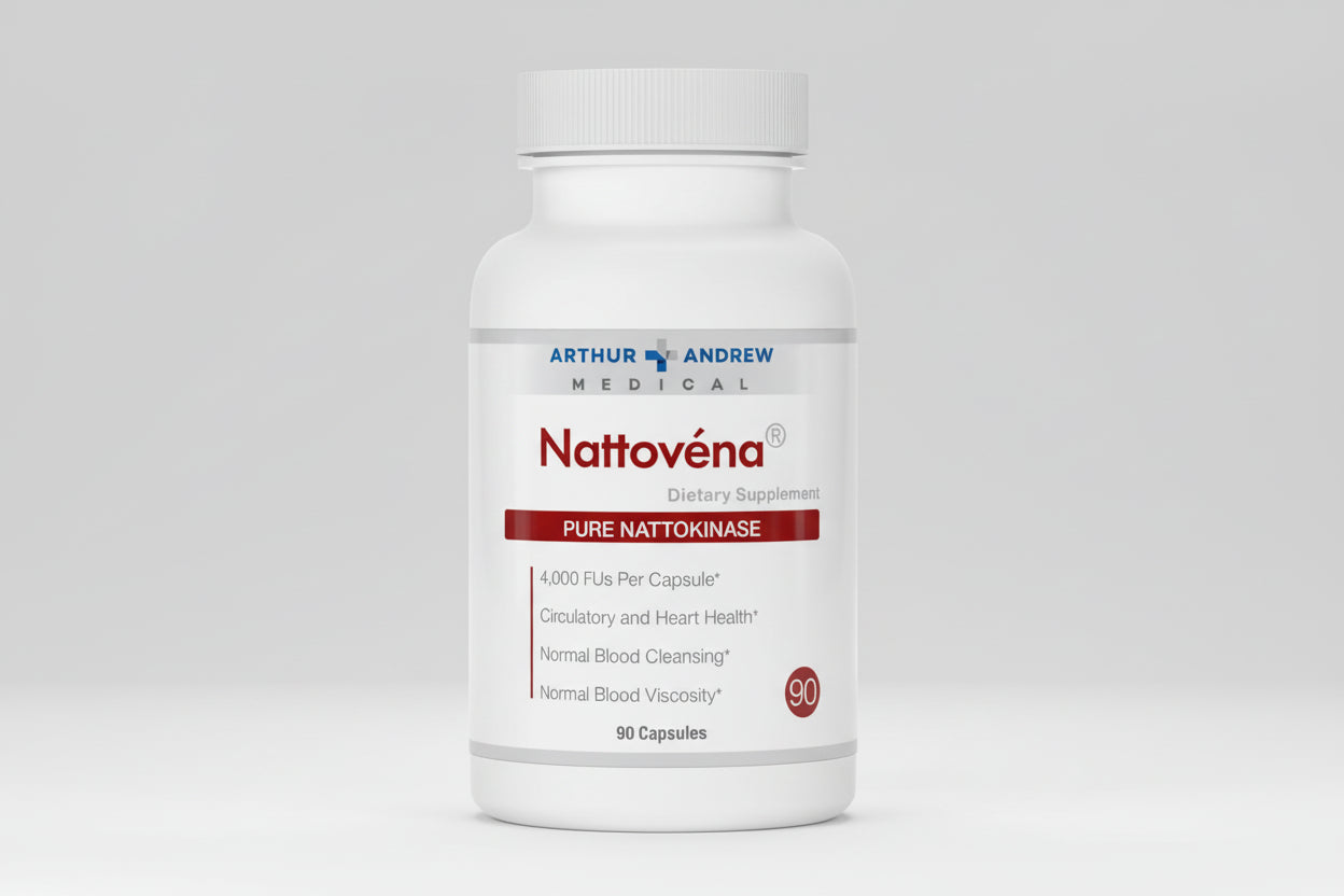 Supplement bottle labeled 'Nattovéna' by Arthur Andrew Medical on a white background