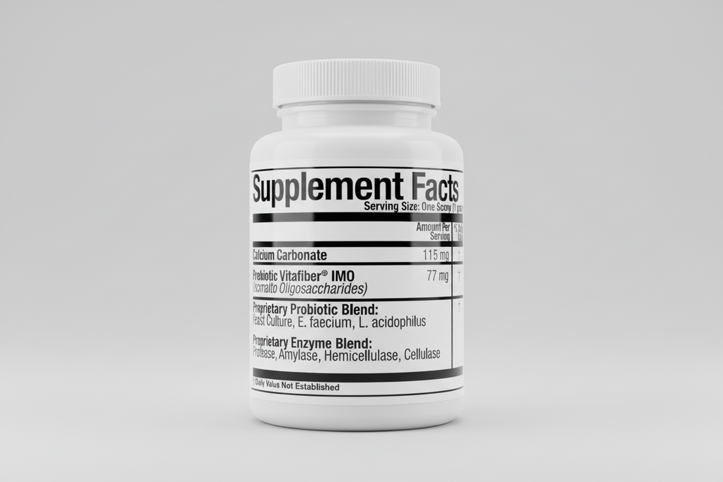 Supplement facts label with various ingredients listed on a white background