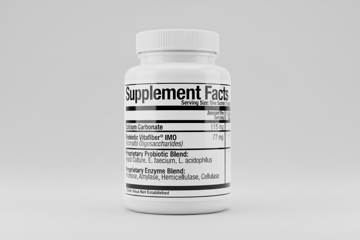 Supplement facts label with various ingredients listed on a white background