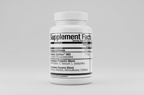 Supplement facts label with various ingredients listed on a white background