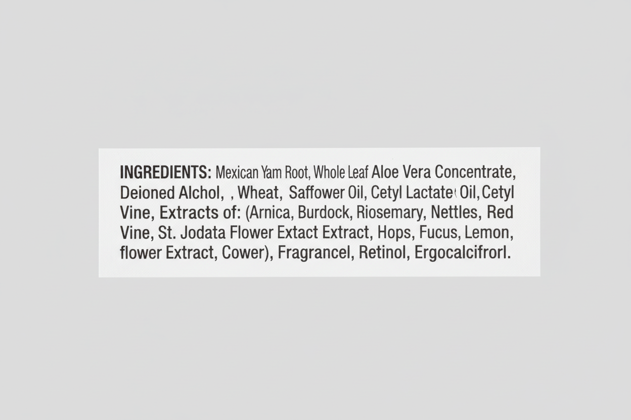 Product packaging with ingredients listed on a white background