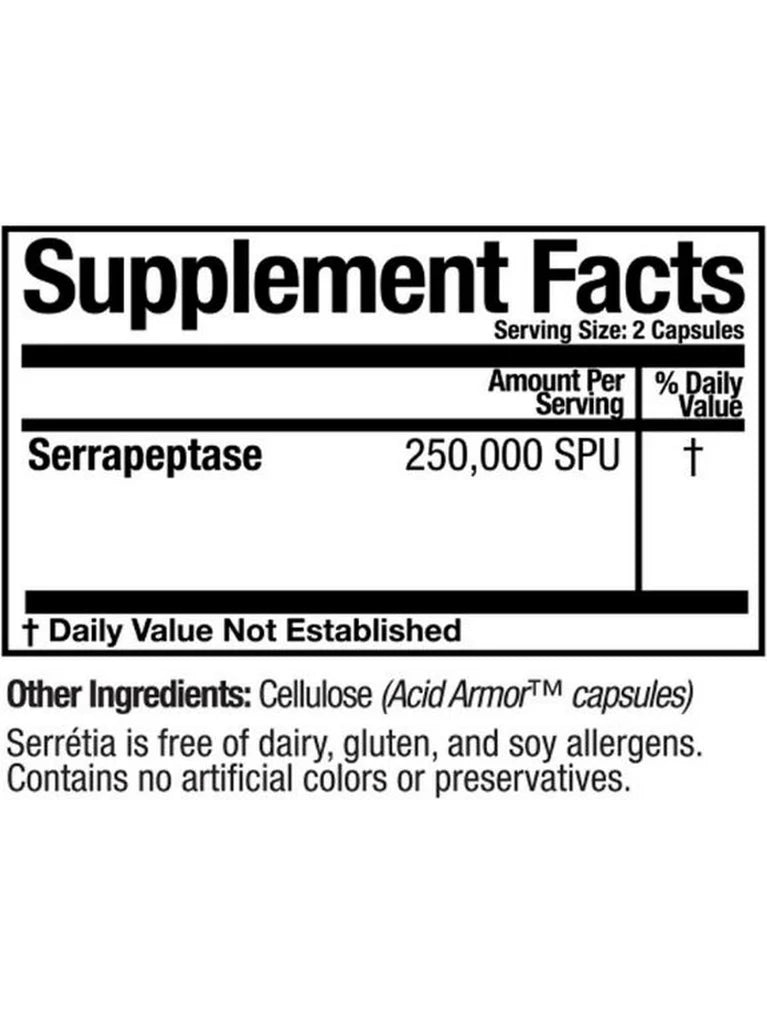 Supplement facts label for Serrapeptase with serving size and ingredient information.