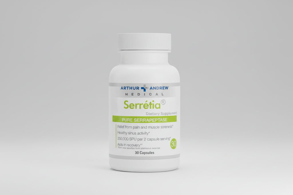 Supplement bottle labeled 'Serrétia' by Arthur Andrew Medical on a white background