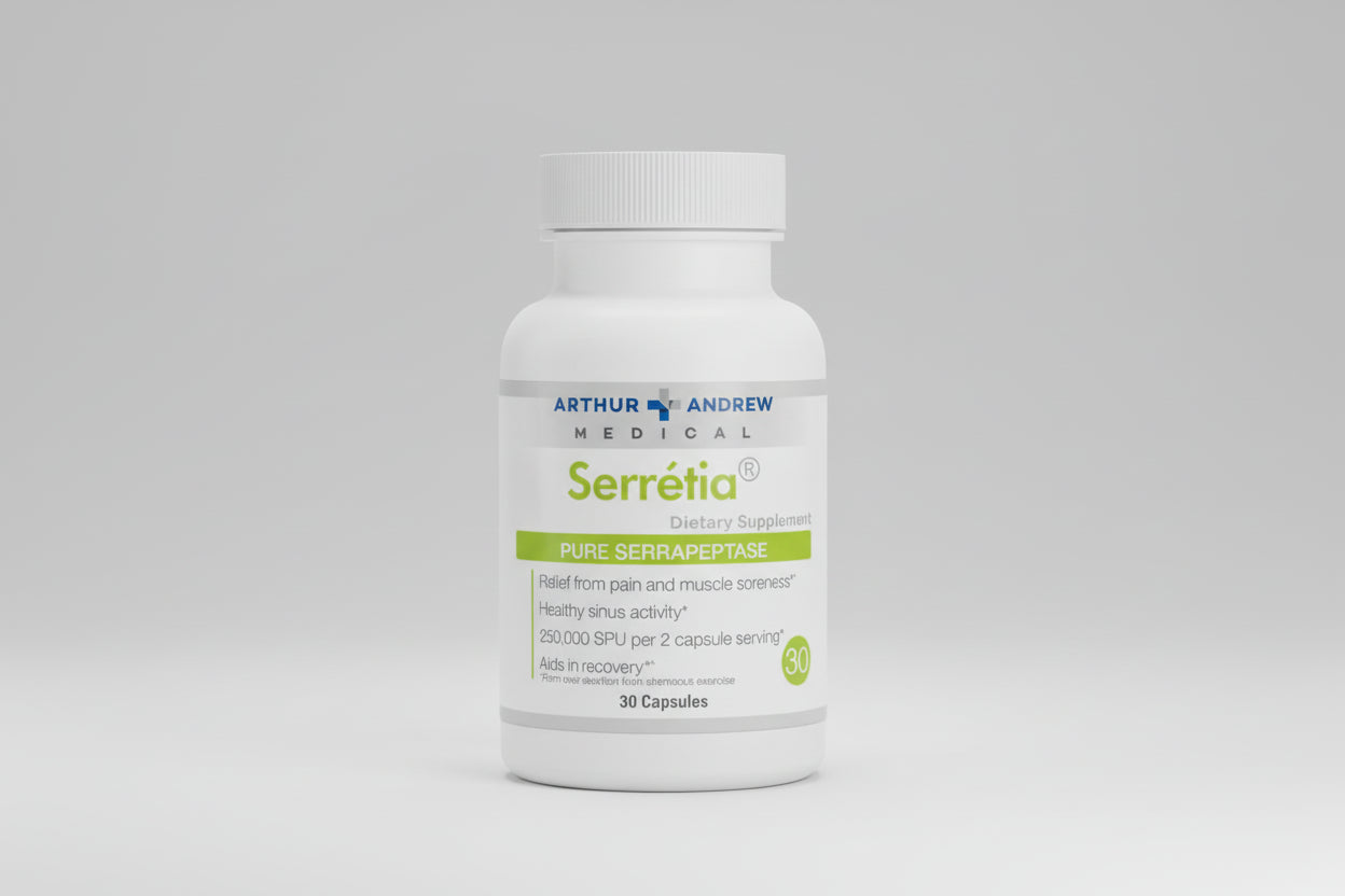 Supplement bottle labeled 'Serrétia' by Arthur Andrew Medical on a white background