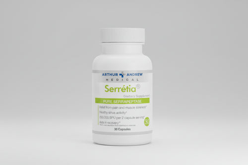Supplement bottle labeled 'Serrétia' by Arthur Andrew Medical on a white background