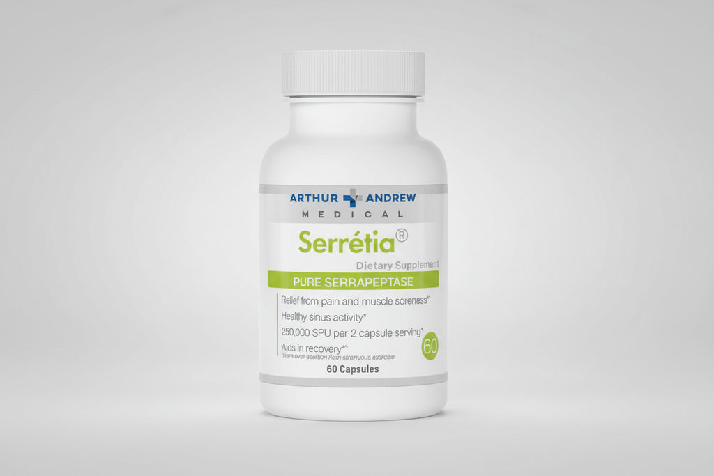 Supplement bottle labeled 'Serrétia' by Arthur Andrew Medical on a white background