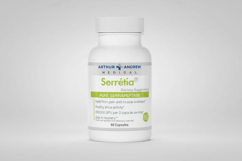 Supplement bottle labeled 'Serrétia' by Arthur Andrew Medical on a white background