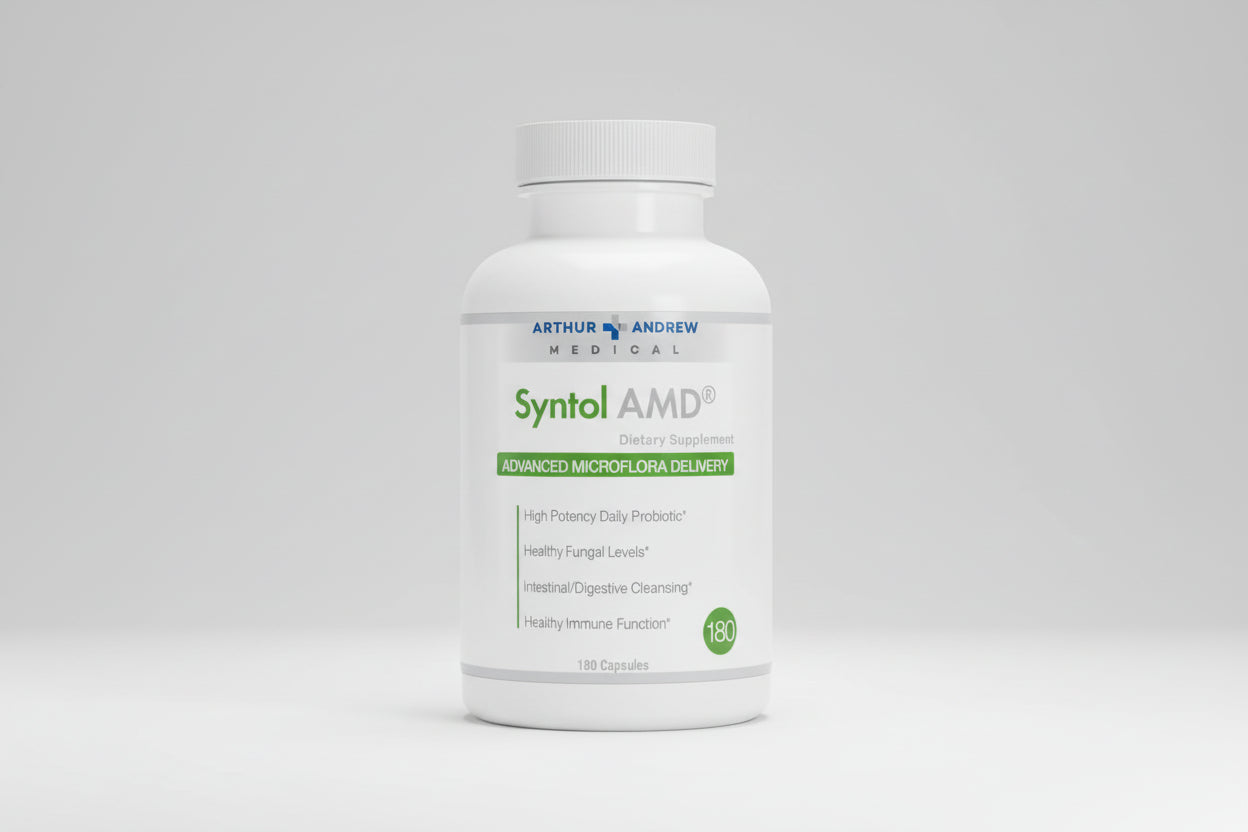 Arthur Andrew Medical Syntol AMD dietary supplement bottle on a white background