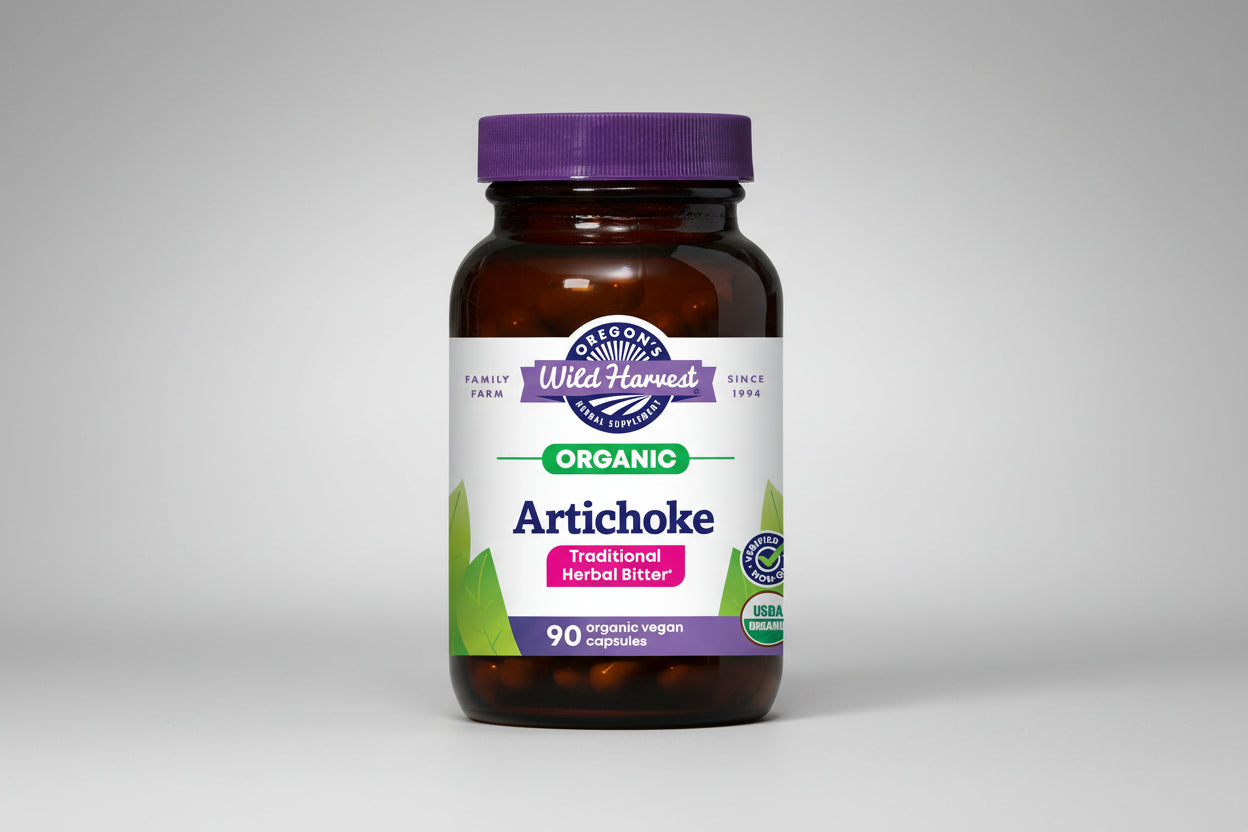 Oregon's Wild Harvest Organic Artichoke supplement bottle with purple cap