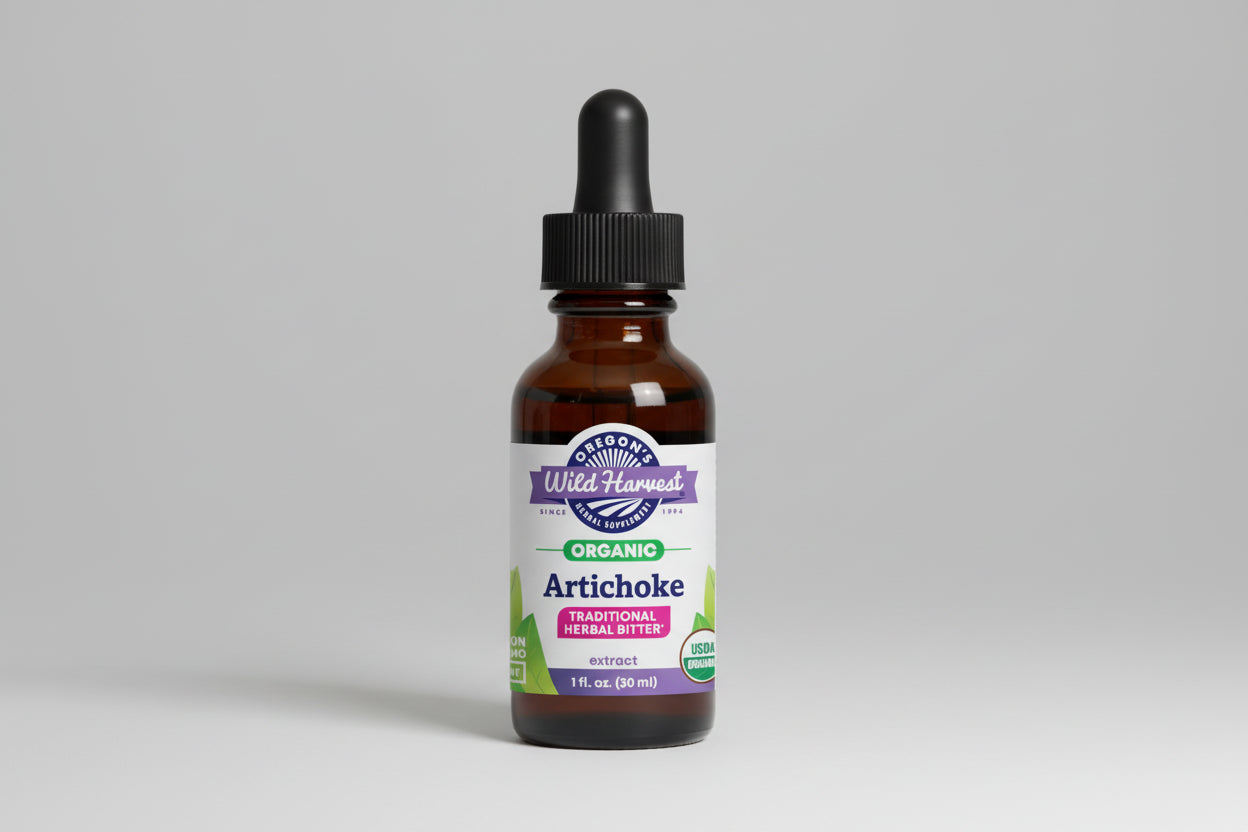Bottle of Oregon's Wild Harvest Artichoke extract on a white background