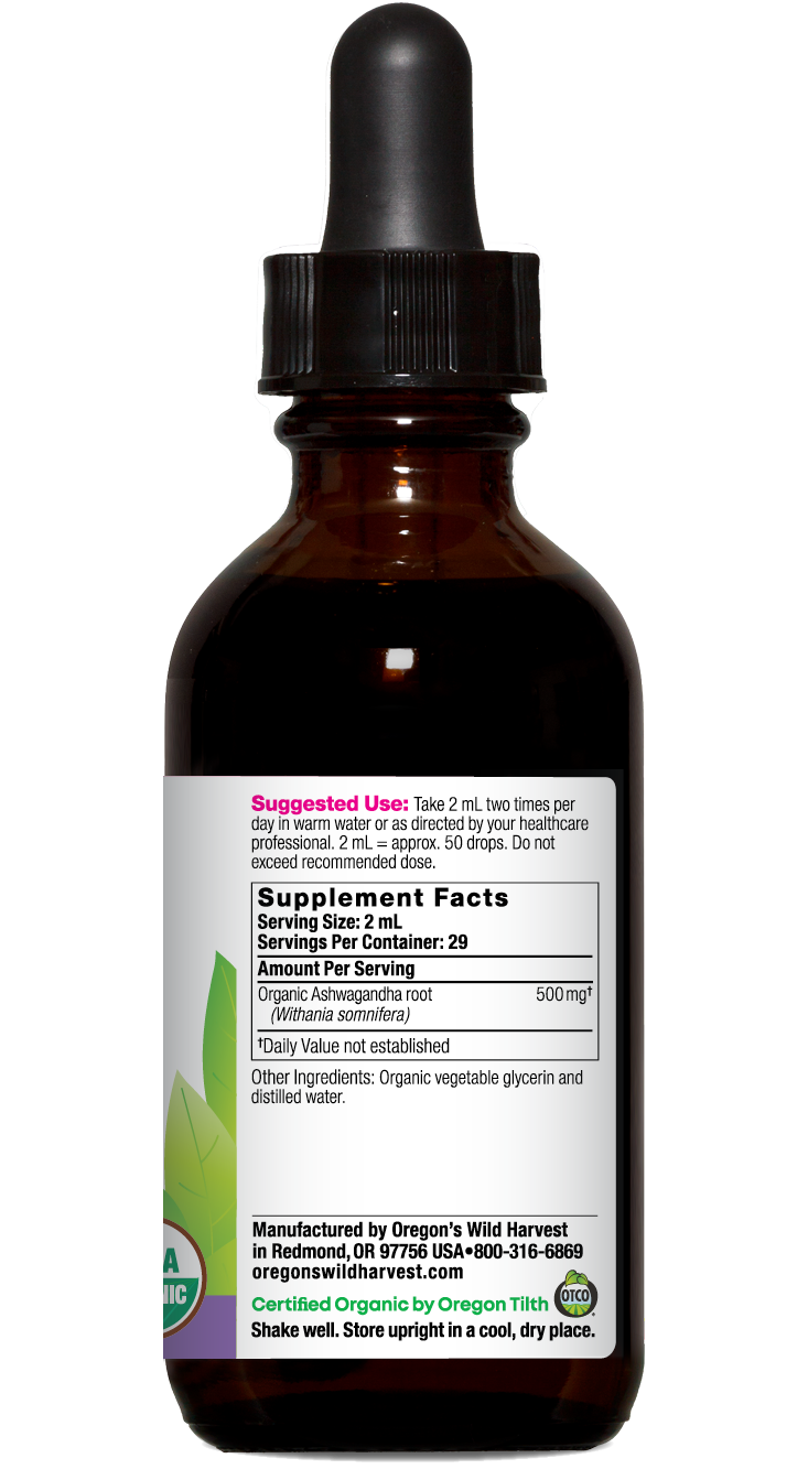 Oregon's Wild Harvest Ashwagandha Organic Alcohol-Free Extract 2 fl oz right side
