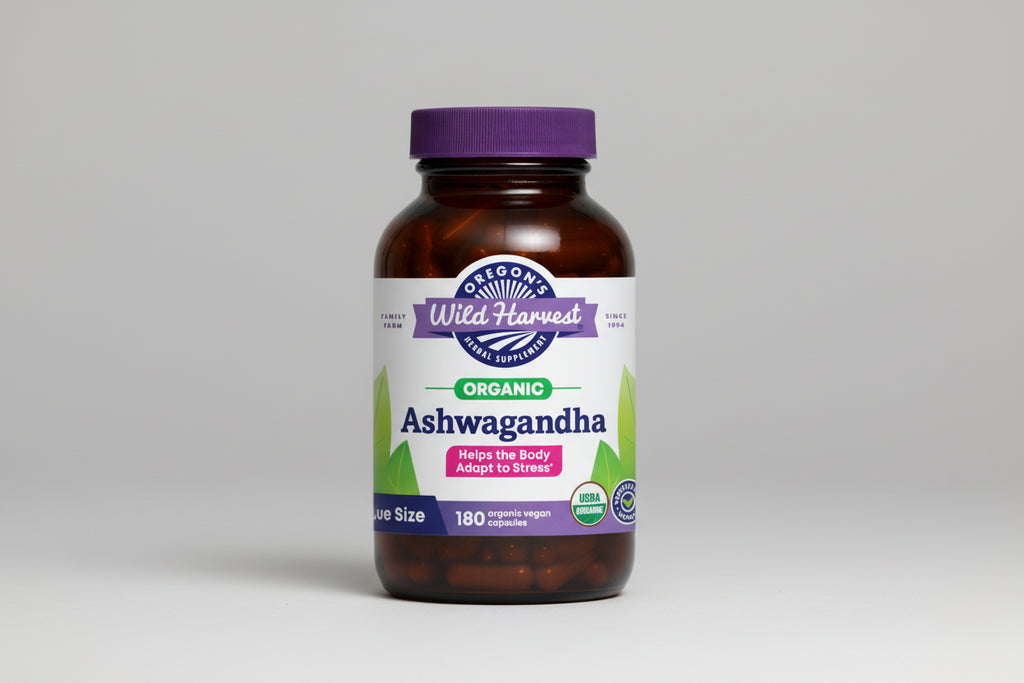 Oregon's Wild Harvest Organic Ashwagandha supplement bottle with purple cap and label.